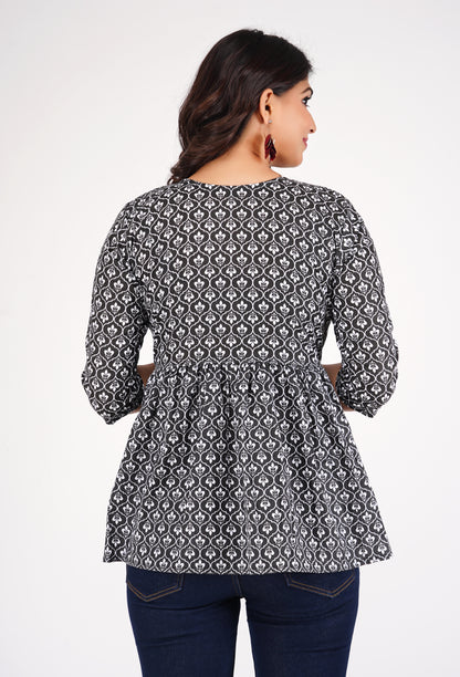 Cotton Black Printed Peplum Top