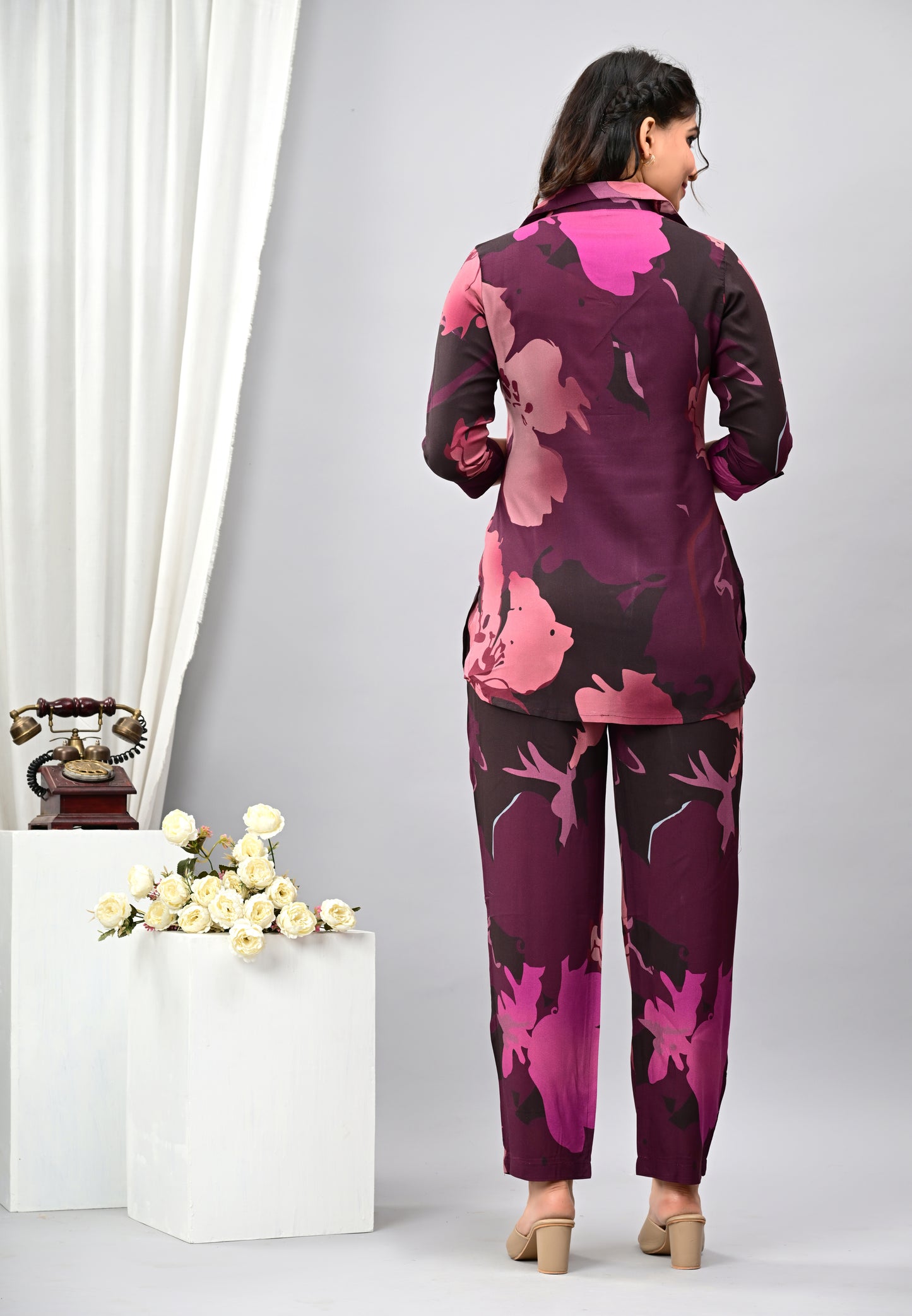 Women Officewear Printed Floral Purple Coord Set