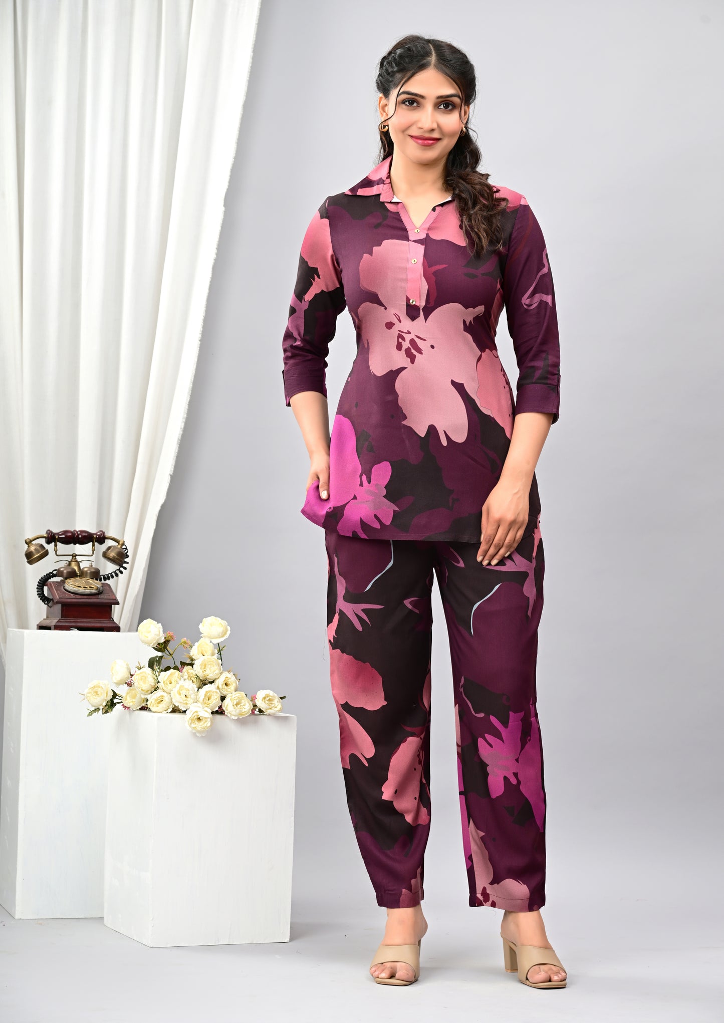 Women Officewear Printed Floral Purple Coord Set