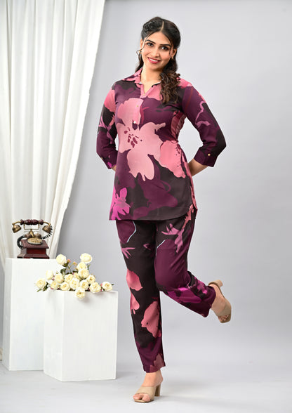 Women Officewear Printed Floral Purple Coord Set