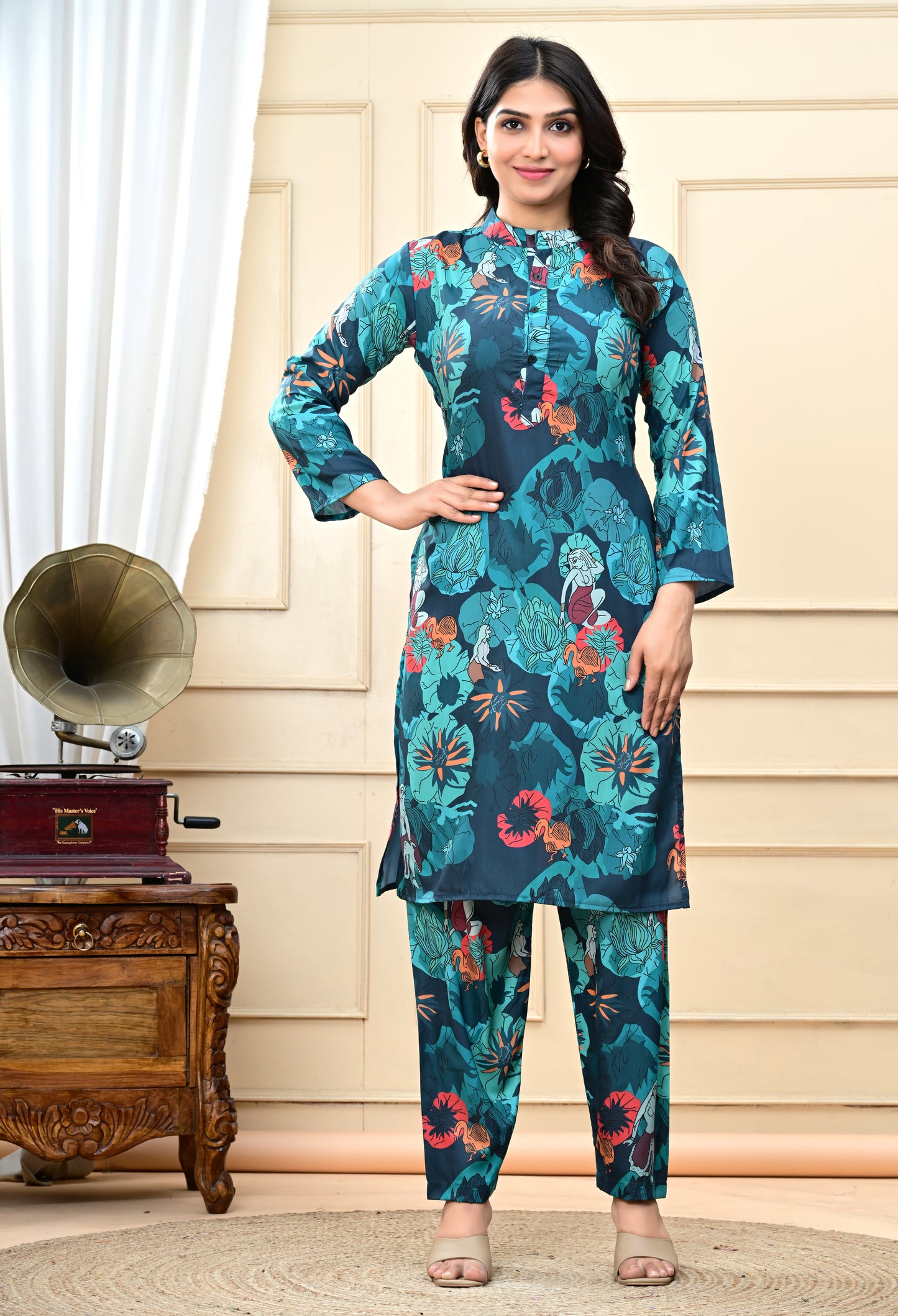 Animal and Floral Print Crepe Blue Kurta Set
