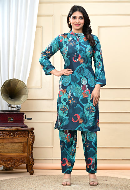Animal and Floral Print Crepe Blue Kurta Set
