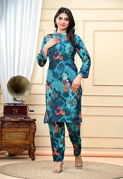 Animal and Floral Print Crepe Blue Kurta Set