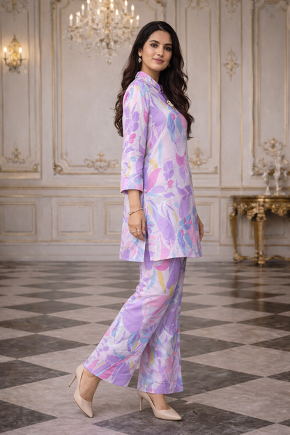 Purple Floral Muslin Co-Ord Set | Premium Printed Kurta with Flared Pants