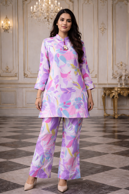 Purple Floral Muslin Co-Ord Set | Premium Printed Kurta with Flared Pants