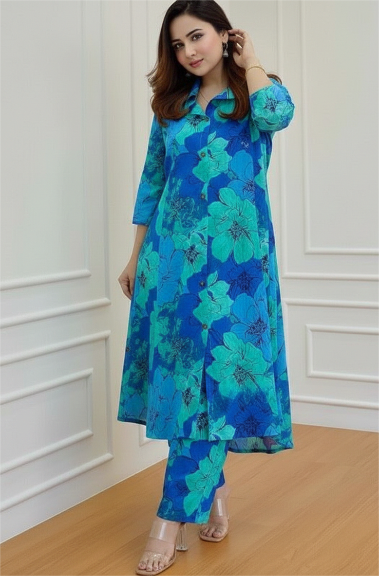 Princess Cut Floral Blue Kurta Set