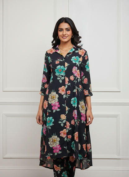 Pure Natural Crepe Floral Black Princess Cut Coord Set