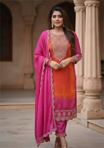 Silk Bandhani Festive Pink and Orange Salwar Set with Mirror Work and Golden Embroidery