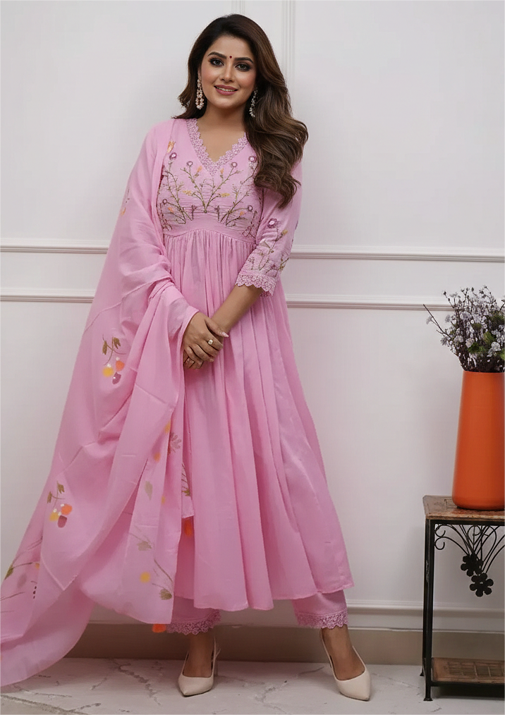 Cotton Pink Flared Anarkali Three Piece Dress