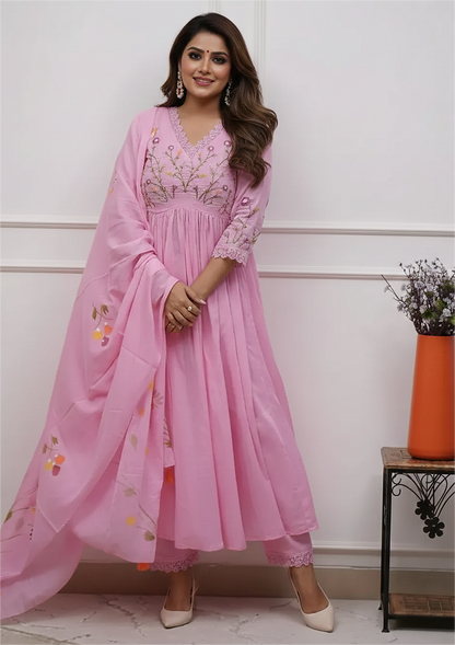 Cotton Pink Flared Anarkali Three Piece Dress