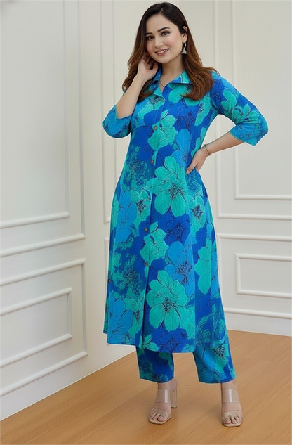 Princess Cut Floral Blue Kurta Set