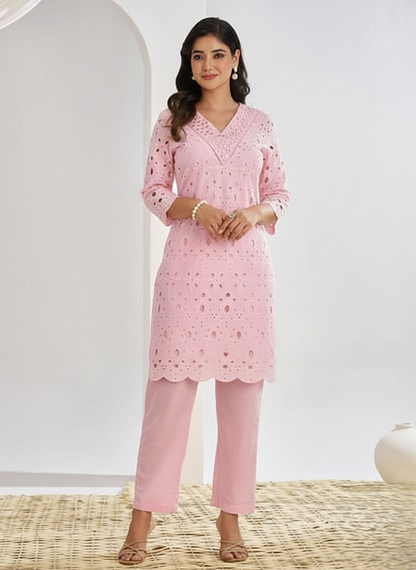Cotton Schiffli Designer Kurta Set with Mirrorwork