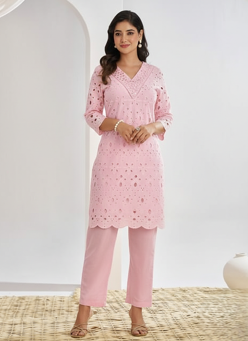 Cotton Schiffli Designer Kurta Set with Mirrorwork