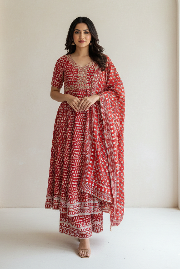 Red Bandhani Celeb Inspired Embroidered Anarkali Palazzo Set