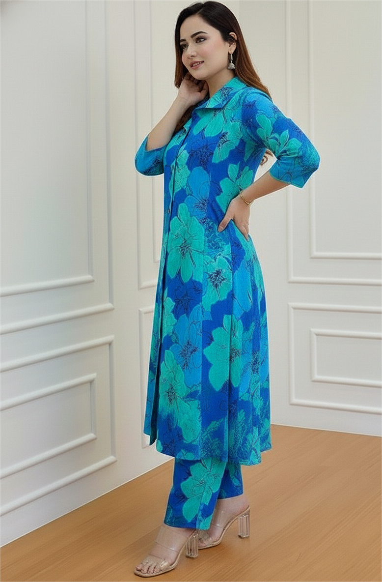 Princess Cut Floral Blue Kurta Set