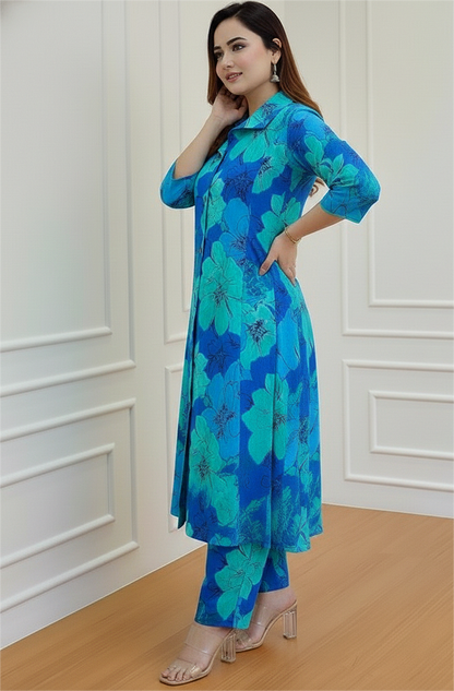 Princess Cut Floral Blue Kurta Set