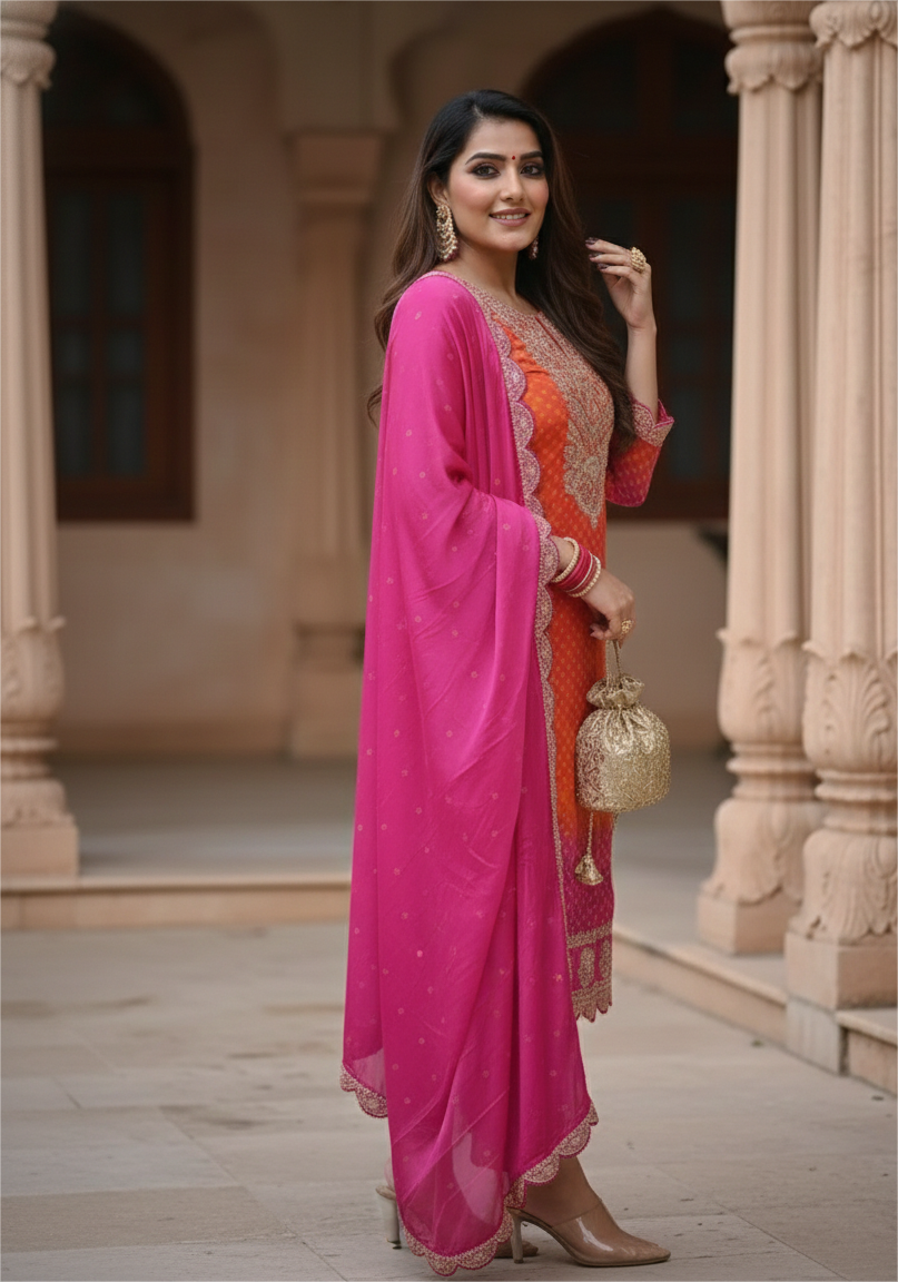 Silk Bandhani Festive Pink and Orange Salwar Set with Mirror Work and Golden Embroidery