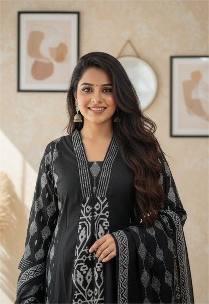 PLUS SIZE Designer Black Printed Cotton Flared Dress