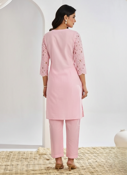 Cotton Schiffli Designer Kurta Set with Mirrorwork