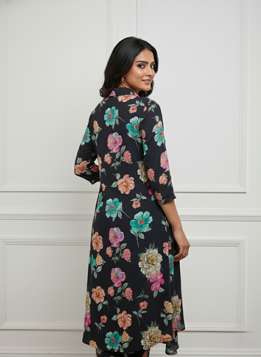 Pure Natural Crepe Floral Black Princess Cut Coord Set