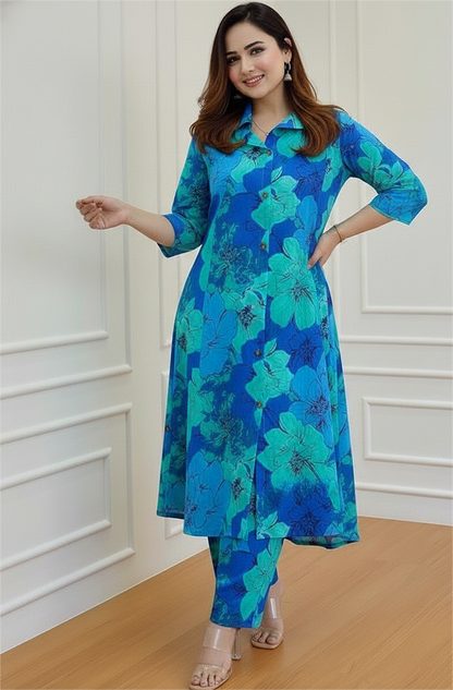 Princess Cut Floral Blue Kurta Set
