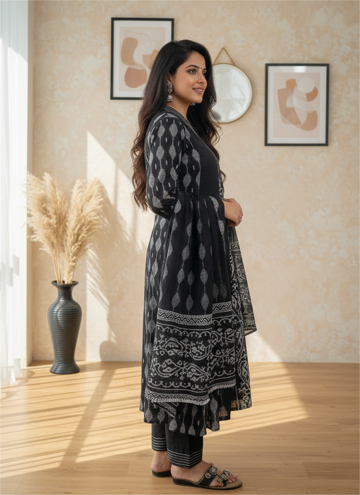 PLUS SIZE Designer Black Printed Cotton Flared Dress