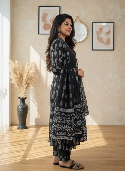 PLUS SIZE Designer Black Printed Cotton Flared Dress