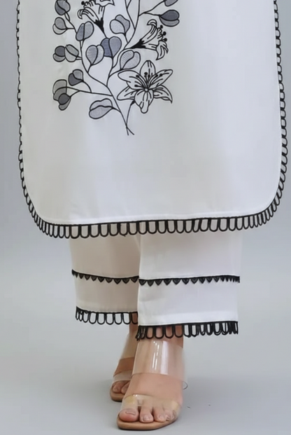Pakistani Style White Kurta Set with Embroidery and Lacework
