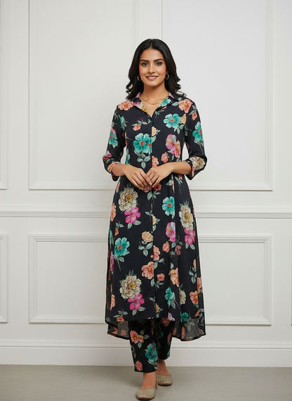 Pure Natural Crepe Floral Black Princess Cut Coord Set