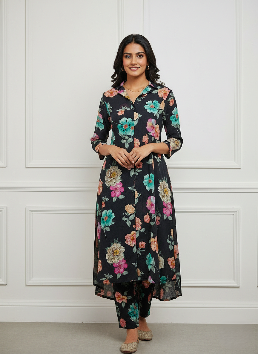 Pure Natural Crepe Floral Black Princess Cut Coord Set