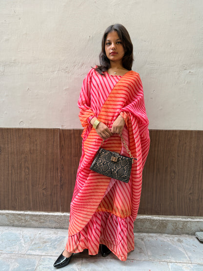 Georgette Pink Fusion Saree Gown in Lehriya