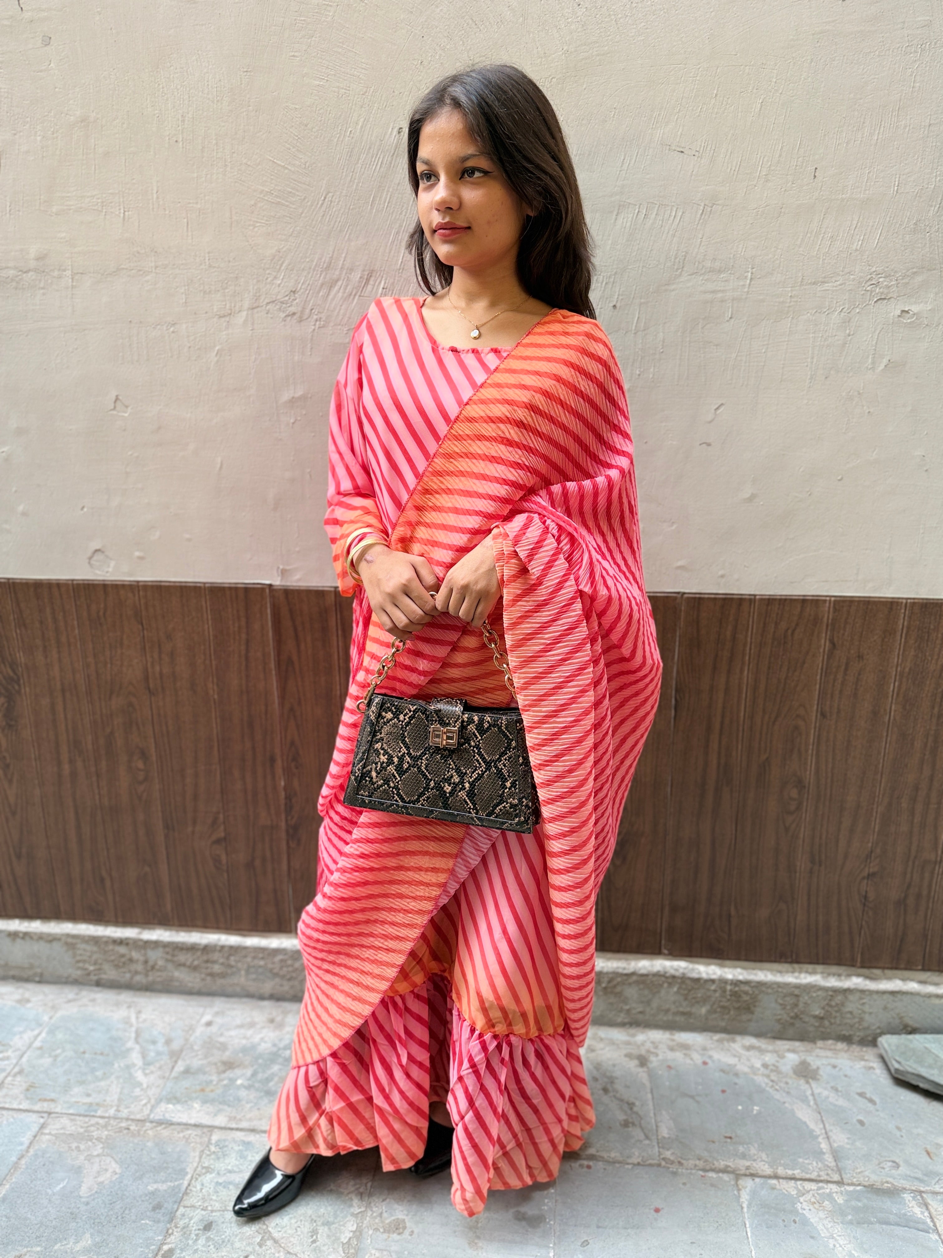 Georgette Pink Fusion Saree Gown in Lehriya