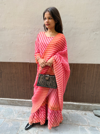 Georgette Pink Fusion Saree Gown in Lehriya