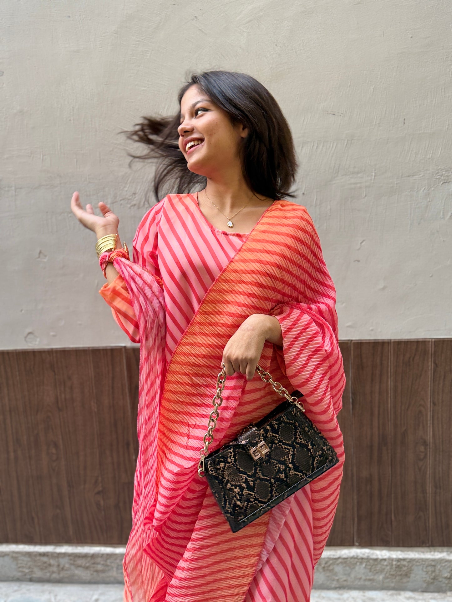 Georgette Pink Fusion Saree Gown in Lehriya