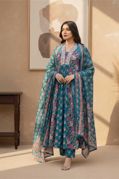 Flared Blue Floral Print Cotton Salwar Suit
