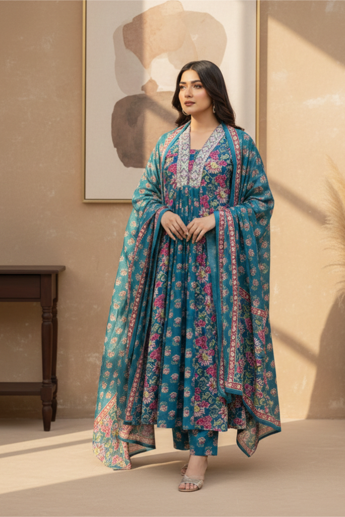 Flared Blue Floral Print Cotton Salwar Suit