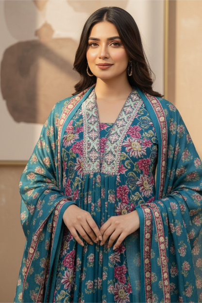 Flared Blue Floral Print Cotton Salwar Suit