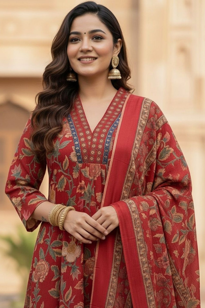 Red Cotton Three Piece Flared Suit Set