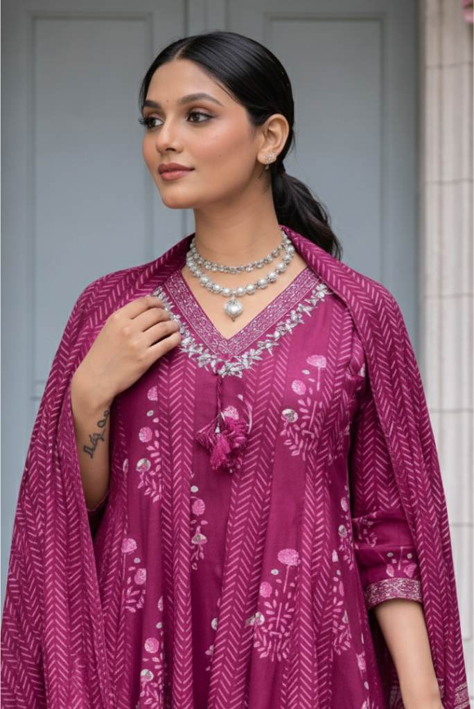 Plum Long Flared 3 Piece Dress with Silver Thread Embroidery