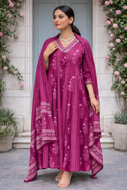 Plum Long Flared 3 Piece Dress with Silver Thread Embroidery