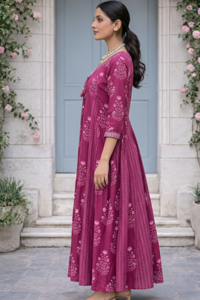 Plum Long Flared 3 Piece Dress with Silver Thread Embroidery