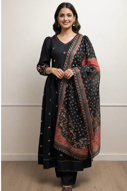 Viscose Flex Black Anarkali Embroidered 3 Piece Dress