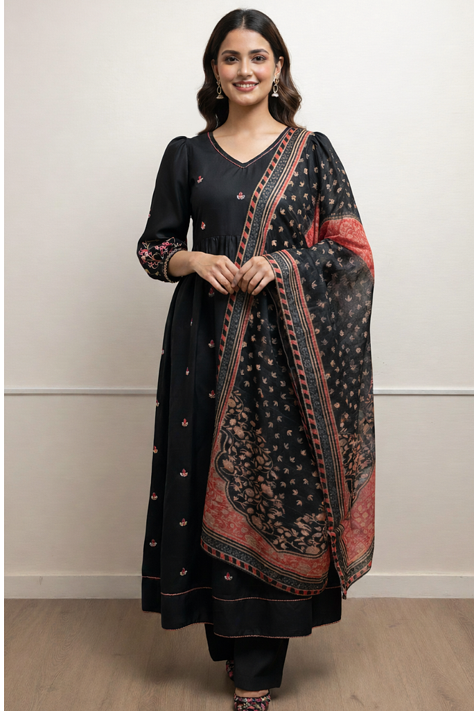 Viscose Flex Black Anarkali Embroidered 3 Piece Dress