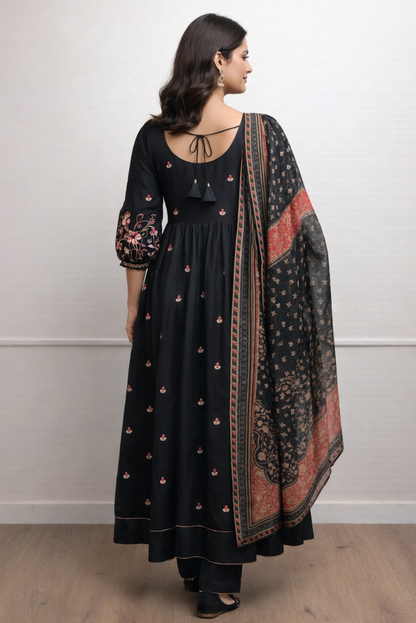 Viscose Flex Black Anarkali Embroidered 3 Piece Dress