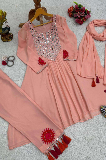 Festive Georgette Pink Embroidered Dress with Mirror Work