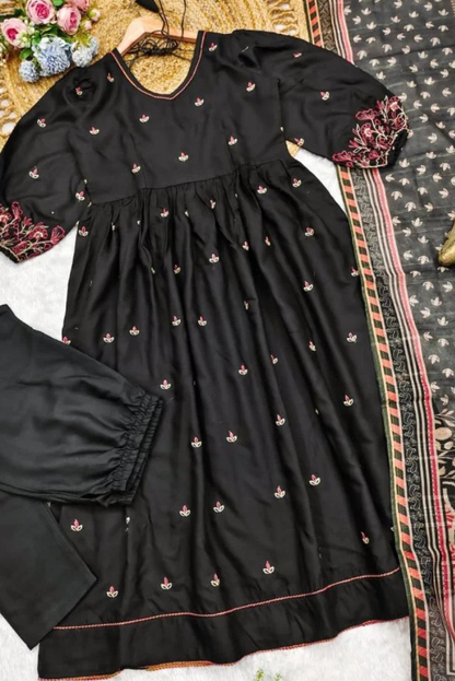 Viscose Flex Black Anarkali Embroidered 3 Piece Dress