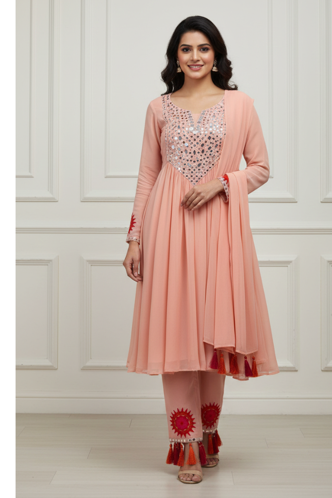 Festive Georgette Pink Embroidered Dress with Mirror Work