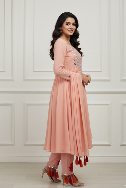 Festive Georgette Pink Embroidered Dress with Mirror Work