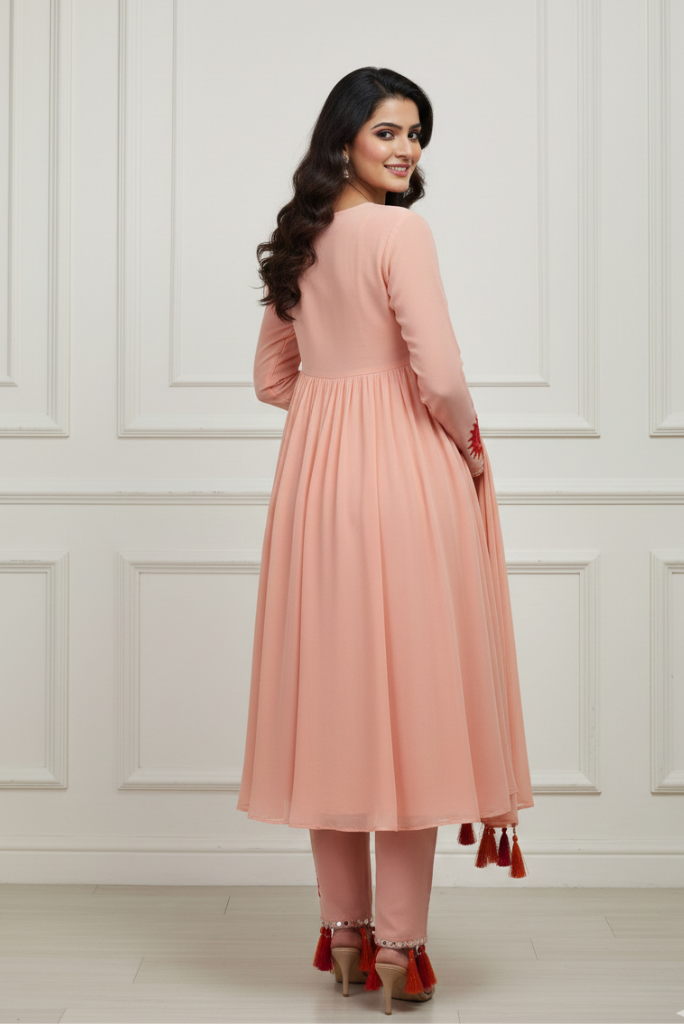 Festive Georgette Pink Embroidered Dress with Mirror Work