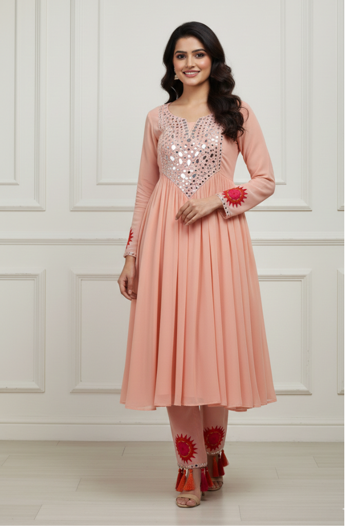 Festive Georgette Pink Embroidered Dress with Mirror Work